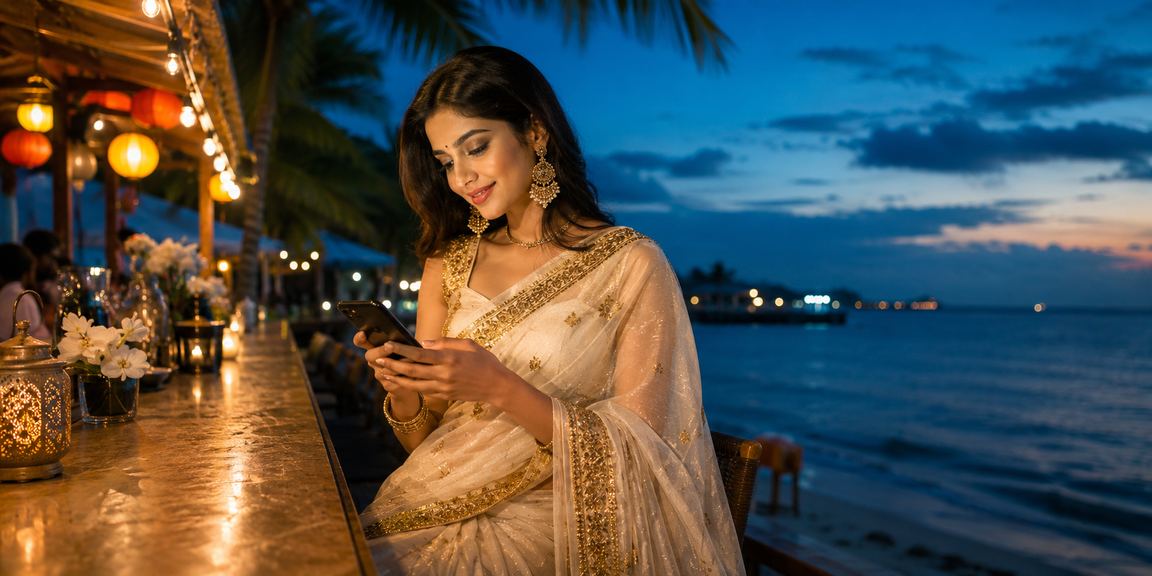 সেন্ট মার্টিনে শাড়ি পরা নারী মোবাইলে ক্যাসিনো গেম উপভোগ করছেন